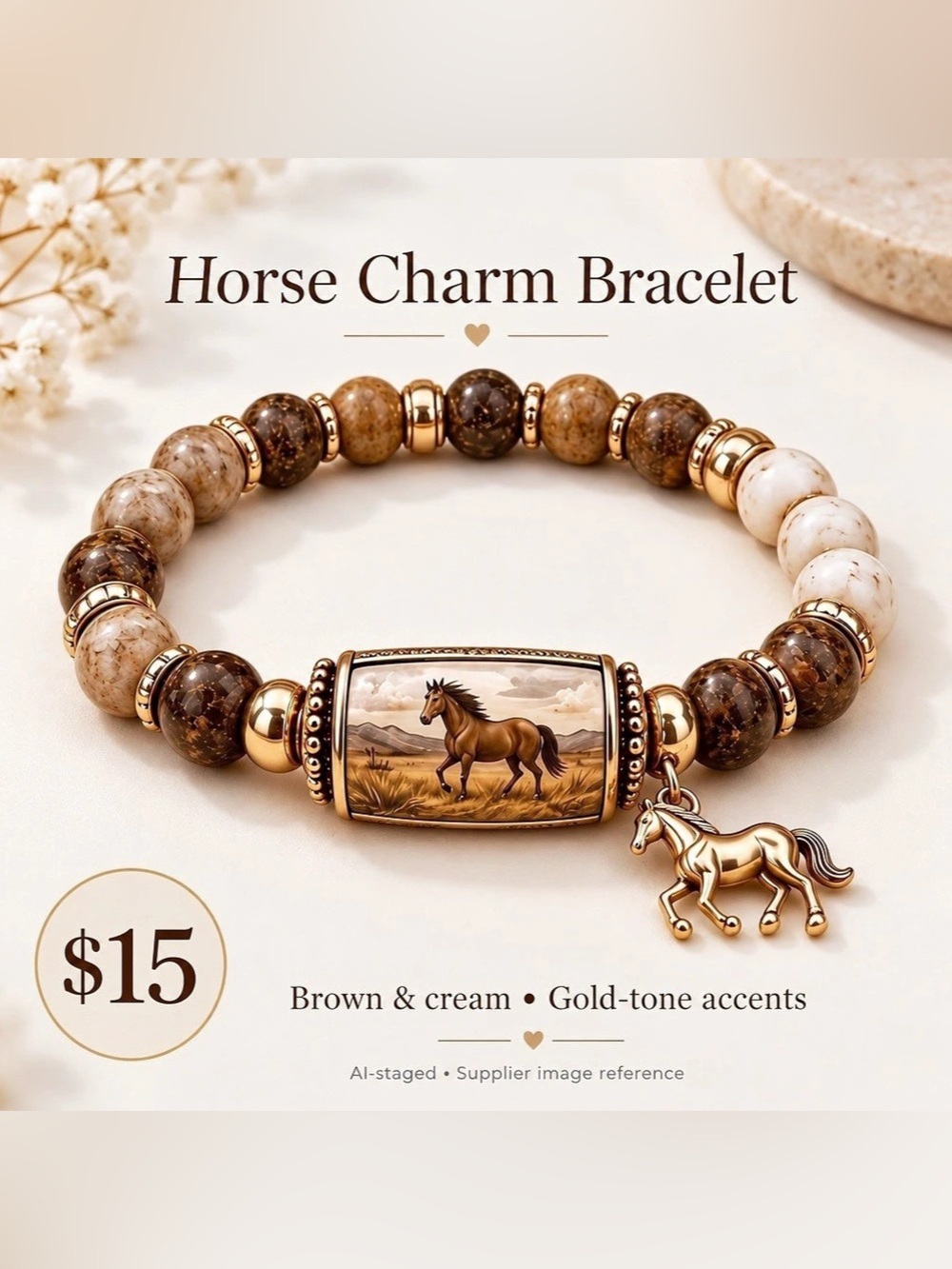 Horse Charm Bracelet in Brown & Cream NWT